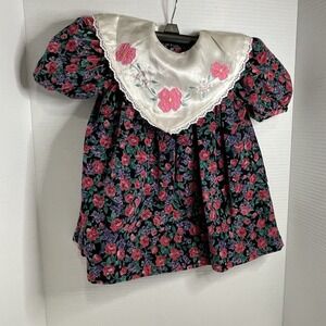 Girls Toddler Silk Collared Floral Velvet Dress Young Heart‎ Size 2T Vintage